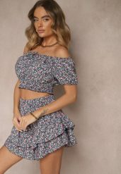 Czarno-Niebieski Komplet Bluzka Typu Hiszpanka i Spódnico-Szorty Zdobione Falbanami Sadeviae. Czarne bluzki damskie Renee, m, z aplikacjami, eleganckie. Za 39.99 zł.