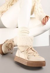 Beżowe Śniegowce na Grubej Podeszwie ze Sznurowaniem i Futerkiem Izantea. Brązowe śniegowce i trapery damskie Born2be, z futra. Za 89.99 zł.