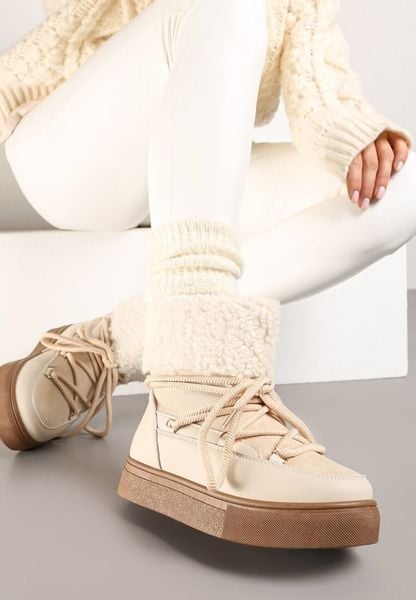 Beżowe Śniegowce na Grubej Podeszwie ze Sznurowaniem i Futerkiem Izantea. Brązowe śniegowce i trapery damskie Born2be, z futra. Za 89.99 zł.