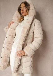 Jasnobeżowa Kurtka z Pikowanymi Przeszyciami Mocno Ocieplana z Paskiem i Odpinanym Futerkiem Hedista. Brązowe kurtki damskie Renee, l, bez wzorów, z futra, bez kaptura. Za 179.99 zł.