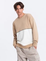 Bluza męska OVERSIZE z kontrastowym łączeniem kolorów - beżowa V2 OM-SSNZ-0130 - XXL. Brązowe bluzy męskie Ombre Clothing, l, z aplikacjami, z bawełny, bez kaptura. W wyprzedaży za 49.99 zł.