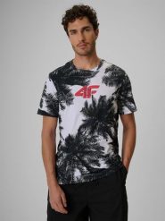 4F T-shirt regular z nadrukiem męski - czarno-biały S. Czarne t-shirty męskie 4f, m, bez wzorów, z bawełny, klasyczne, bez kołnierzyka. Za 99.99 zł.