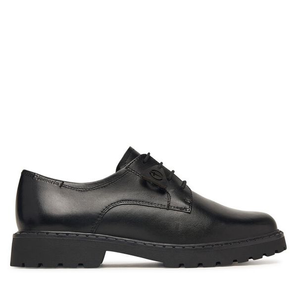 Oxfordy Tamaris. Czarne półbuty damskie Tamaris, bez wzorów, bez obcasa, bez zapięcia. Za 374.99 zł.
