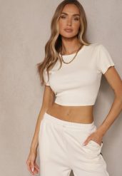 Beżowy T-shirt z Bawełny z Prążkowanego Materiału Aszedi. Brązowe bluzki damskie Renee, m, bez wzorów, z bawełny, klasyczne, bez kołnierzyka. Za 24.99 zł.