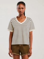 Koszulka damska z dekoltem v-neck w paski beżowo-czarna Lera 103. Białe t-shirty damskie Big Star, l, bez wzorów, z dzianiny, retro, bez kołnierzyka. W wyprzedaży za 59.99 zł.