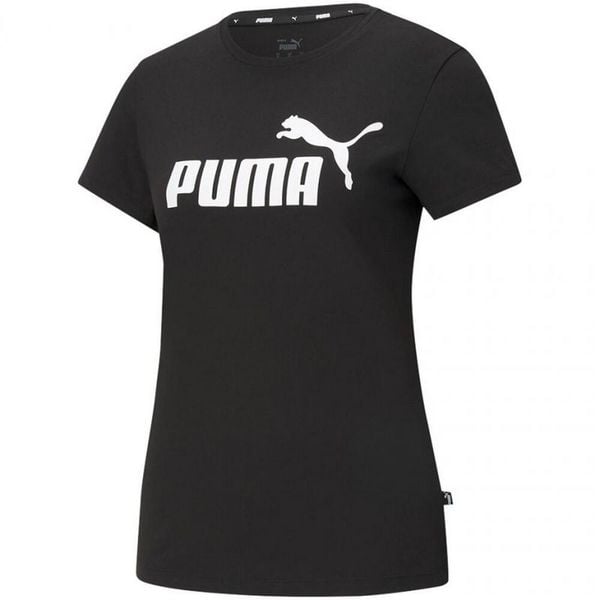 T-shirt Damski Logo ESS. Czarne koszulki sportowe damskie Puma, bez wzorów, bez kołnierzyka, bez ramiączek, trekkingowe. Za 128.99 zł.