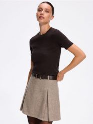 Spódnica mini z wełną - beżowy. Brązowe spódnice damskie Reserved, l, bez wzorów, z tkaniny, mini, rozkloszowane. Za 149.99 zł.