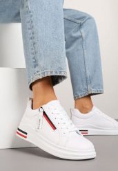 Białe Sneakersy Ozdobione Paskami Suwakiem i Napisami Toslira. Białe obuwie sportowe damskie Born2be, bez wzorów, z jeansu, trekkingowe. Za 69.99 zł.