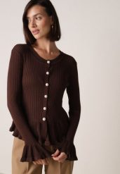 Brązowy Elegancki Kardigan z Wiskozy z Falbankami i Guzikami z Cyrkoniami Orsea. Brązowe kardigany damskie Born2be, z aplikacjami, z jeansu, eleganckie, bez kołnierzyka, bez ramiączek, bez kaptura. Za 119.99 zł.