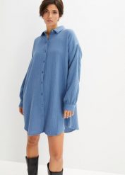 Długa bluzka muślinowa oversize z czystej bawełny. Niebieskie bluzki damskie bonprix, bez wzorów, z bawełny, bez kołnierzyka, bez ramiączek. Za 122.99 zł.