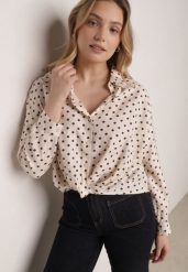 Beżowa Wiskozowa Koszula w Kropki z Ozdobnym Węzłem Corilis. Brązowe bluzki damskie Born2be, l, bez wzorów, z materiału, casualowe, bez kołnierzyka, bez ramiączek. Za 109.99 zł.