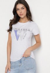 Jasnoszary T-shirt z Bawełny Ozdobiony Napisem i Cyrkoniami Raltebis. Szare bluzki damskie Born2be, m, bez wzorów, z bawełny, klasyczne, bez kołnierzyka. Za 34.99 zł.