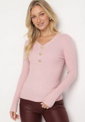Jasnoróżowy Sweter z Bawełną z Prążkowanego Materiału Ozdobiony Guzikami Zinfera. Czerwone swetry damskie Born2be, na zimę, bez wzorów, z bawełny, bez kołnierzyka, bez ramiączek, bez kaptura. Za 59.99 zł.