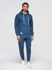 Bawełniany męskie komplet dresowy bluza kangurka + spodnie joggery - granatowy V4 - Rozmiar: M. Niebieskie bluzy męskie Ombre Clothing, m, z aplikacjami, z bawełny. Za 339.99 zł.