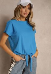Jasnoniebieski Bawełniany T-shirt Wiązany u Dołu Sunalina. Niebieskie bluzki damskie Renee, l, bez wzorów, z bawełny, bez kołnierzyka. Za 29.99 zł.