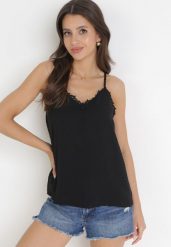 Czarna Bluzka Top z Tkaniny Plumeti i Koronką Fedora. Czarne bluzki damskie Born2be, l, bez wzorów, z koronki, bez kołnierzyka, bez ramiączek. Za 49.99 zł.