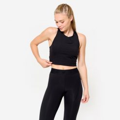 Koszulka fitness damska Domyos crop top bez rękawów. Czarne obuwie sportowe damskie DOMYOS, bez wzorów, z elastanu, na fitness i siłownię. Za 69.99 zł.