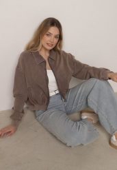 Beżowa Bawełniana Bluza Bomberka o Kroju Oversize z Kołnierzem Viminala. Brązowe bluzy damskie Born2be, m, bez wzorów, z bawełny, bez kaptura. Za 149.99 zł.