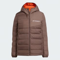 Kurtka z kapturem Terrex Multi Light Down CLIMAWARM. Brązowe kurtki damskie Adidas, s, bez wzorów, z puchu, z kapturem. W wyprzedaży za 454.30 zł.