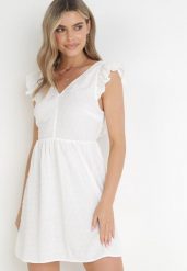 Biała Rozkloszowana Sukienka Mini z Tkaniny Plumeti i Odkrytymi Plecami Caitadi. Białe sukienki damskie Born2be, na imprezę, l, bez wzorów, z tkaniny, eleganckie, bez kołnierzyka, bez ramiączek, mini, rozkloszowane. Za 99.99 zł.