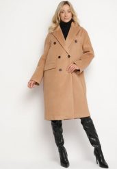 Beżowy Płaszcz o Dwurzędowym Kroju z Kieszeniami Sileti. Brązowe płaszcze damskie Born2be, l, bez wzorów, z jeansu, eleganckie, bez kaptura. Za 179.99 zł.
