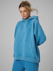 4F Bluza dresowa loose z kapturem damska - niebieska L. Niebieskie bluzy damskie 4f, l, bez wzorów, z dresówki, z kapturem. Za 199.99 zł.