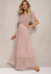 Ciemnoróżowa Koktajlowa Sukienka Maxi z Ozdobną Falbaną na Górze Cailey. Czerwone sukienki damskie Renee, na lato, bez wzorów, z materiału, bez kołnierzyka, bez ramiączek, maxi, rozkloszowane. Za 199.99 zł.