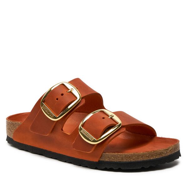 Klapki Birkenstock. Brązowe klapki damskie Birkenstock, bez wzorów, bez obcasa. Za 679.99 zł.