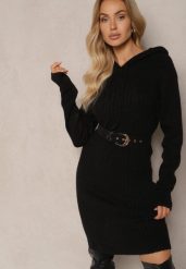 Czarna Sukienka Sweterkowa z Kapturem Ozdobiona Sznurkami Ittilina. Czarne sukienki damskie Renee, na co dzień, m, bez wzorów, z jeansu, bez kołnierzyka, bez ramiączek, midi. Za 79.99 zł.