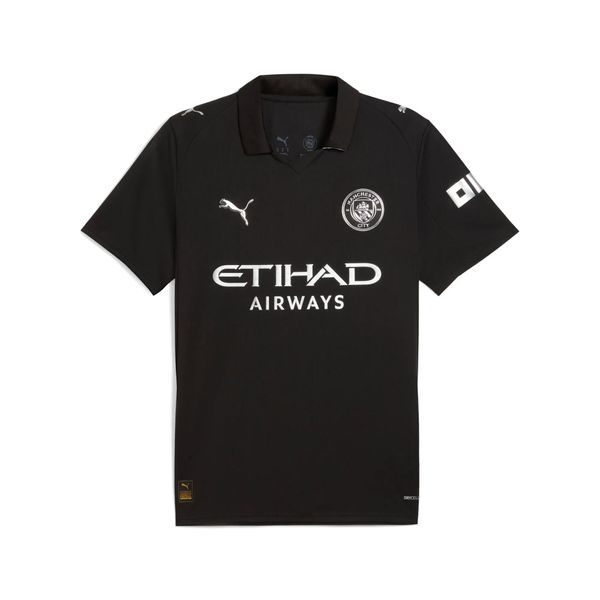 Zewnętrzna koszulka Manchester City 2025/26. Czarne koszulki sportowe męskie Puma, bez wzorów, bez kołnierzyka, bez ramiączek, do piłki nożnej. Za 422.50 zł.