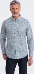 Ombre Koszula męska SLIM FIT w print drobnych liści - jasnoniebieska V1 OM-SHPS-0163 XL. Niebieskie koszule męskie Ombre, m, bez wzorów, bez kołnierzyka, bez ramiączek. Za 149.99 zł.