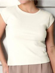 Bawełniana koszulka w prążek - kremowy. Białe t-shirty damskie Sinsay, l, bez wzorów, z bawełny, bez kołnierzyka. W wyprzedaży za 15.99 zł.