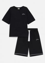 T-shirt i spodenki (komplet 2-cz.). Czarne t-shirty męskie bonprix, l, bez wzorów, z bawełny, bez kołnierzyka. Za 99.99 zł.