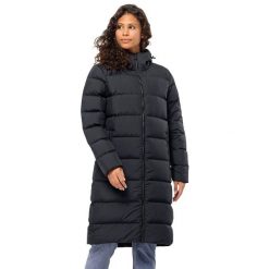 Płaszcz puchowy damski Jack Wolfskin Frozen Palace. Czarne kurtki damskie Jack Wolfskin, bez wzorów, z puchu, bez kaptura, na golfa. Za 1,099.00 zł.