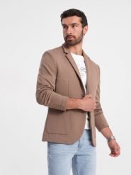 Męska marynarka z naszywanymi kieszeniami - ciemnobeżowa V3 OM-BLZB-0127 - XXL. Brązowe marynarki męskie Ombre Clothing, bez wzorów, z materiału, eleganckie. W wyprzedaży za 229.99 zł.