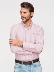 Bawełniana męska koszula REGULAR FIT w drobne paski – różowa V2 - Rozmiar: L. Czerwone koszule męskie Ombre Clothing, l, bez wzorów, z bawełny, biznesowe, bez kołnierzyka, bez ramiączek. Za 189.99 zł.