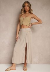 Ciemnobeżowa Rozkloszowana Spódnica z Wiskozy z Kieszeniami Galmira. Brązowe spódnice damskie Renee, l, bez wzorów, z materiału, eleganckie, midi, rozkloszowane. Za 54.99 zł.