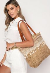 Brązowa Torebka Shopper z Plecionki Wykończona Chwostami Rivantiha. Brązowe torby na laptopa damskie Born2be, bez wzorów, z bawełny. Za 74.99 zł.