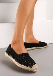 Czarne Espadryle na Płaskiej Plecionej Podeszwie z Ażurowym Noskiem Qianatia. Czarne espadryle damskie Born2be, na lato, w ażurowe wzory, z jeansu, eleganckie, bez obcasa, na płaskiej podeszwie, bez zapięcia. Za 74.99 zł.