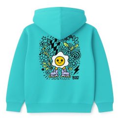Bluza rolkowa z kapturem Jajko Flower – miejski styl kids (turkusowa). Niebieskie bluzy dla dziewczynek Bumpie Crew, bez wzorów, z bawełny, bez ramiączek, z kapturem. Za 149.00 zł.