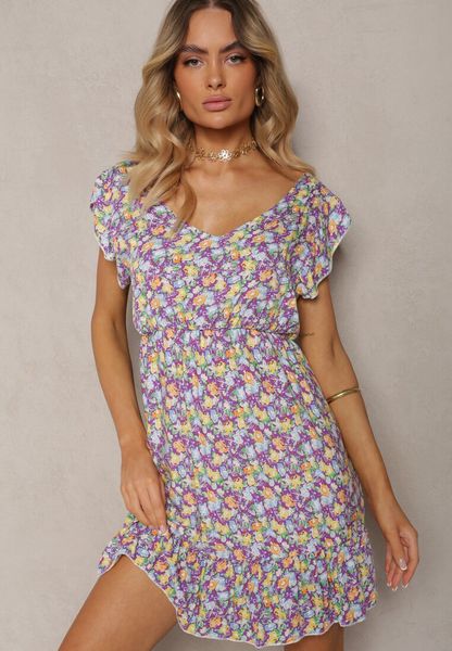 Fioletowo-Zielona Sukienka z Bawełny z Gumką w Talii i Dekoltem w Serek Delletta. Fioletowe sukienki damskie Renee, na co dzień, na lato, l, bez wzorów, z bawełny, bez kołnierzyka, bez ramiączek, mini, kopertowe. Za 44.99 zł.