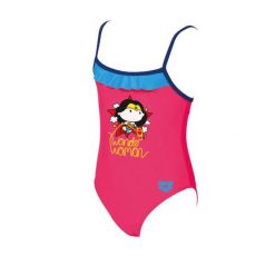 Strój kąpielowy dziewczęcy jednoczęściowy na basen Arena Wonder Woman. Czerwone stroje kąpielowe dla dziewczynek Arena, bez wzorów. Za 39.99 zł.
