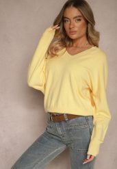Żółty Klasyczny Sweter z Wiskozą i Kaszmirem Marirra. Żółte swetry damskie Renee, bez wzorów, z jeansu, biznesowe, bez kołnierzyka, bez ramiączek, bez kaptura. Za 89.99 zł.