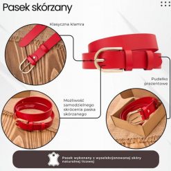 Pasek damski skórzany czerwony 110 cm ze złotą klamrą Paolo Peruzzi PG-01-RD-110. Czerwone paski damskie bez wzorów, ze skóry, klasyczne. Za 49.00 zł.