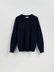 Sweter z wełną - granatowy. Niebieskie swetry przez głowę męskie Reserved, l, bez wzorów, z dzianiny, bez kołnierzyka. Za 259.99 zł.