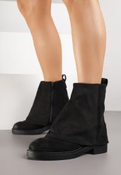 Czarne Botki z Imitacji Zamszu z Wywiniętą Cholewką Rilesea. Czarne botki damskie Born2be, na jesień, z dzianiny, eleganckie, bez obcasa, na płaskiej podeszwie, bez zapięcia. Za 119.99 zł.