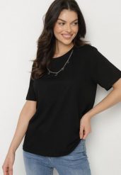 Czarny Bawełniany T-shirt z Odpinanym Łańcuszkiem Imitującym Naszyjnik Mohna. Czarne bluzki damskie Born2be, m, z aplikacjami, z bawełny, eleganckie, bez kołnierzyka. Za 34.99 zł.