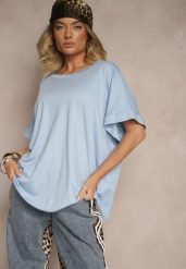 Niebieski T-shirt z Wiskozą o Fasonie Nietoperza Tanalitha. Niebieskie bluzki damskie Renee, bez wzorów, z jeansu, bez kołnierzyka. Za 49.99 zł.