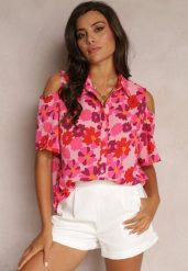 Fuksjowa Koszula Open Shoulder w Kwiatowy Print Veconda. Czerwone bluzki damskie Renee, xl, bez wzorów, bez kołnierzyka, bez ramiączek. Za 74.99 zł.