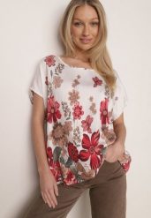 Czerwona Wiskozowa Bluzka w Kwiaty Talina. Czerwone bluzki damskie Born2be, l, bez wzorów, z jeansu, eleganckie, bez kołnierzyka, bez ramiączek. Za 49.99 zł.